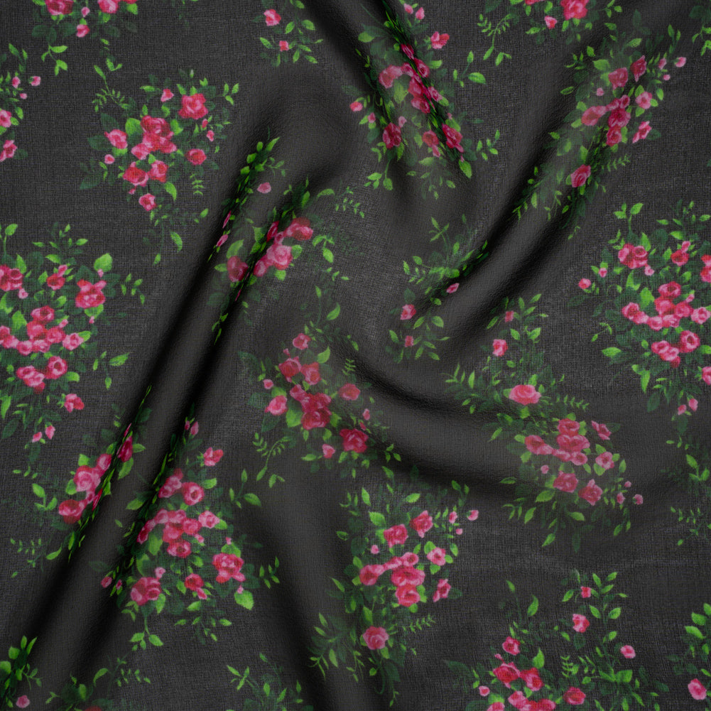 Silk Voile Print Made in Italy - Black, Green and Pink Flower Bunches - Deadstock - Joann Fabrics