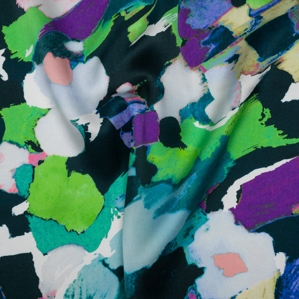 Silk Charmeuse Print 16MM, Made in Italy - Dark Teal, Lime Green and Purple Painterly Abstract - Joann Fabrics