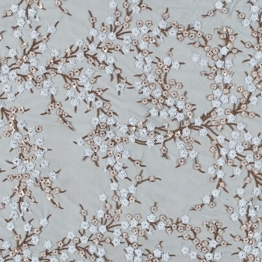 Stretch Net with Sequins - White and Copper Fancy Floral Clusters on Black - Joann Fabrics