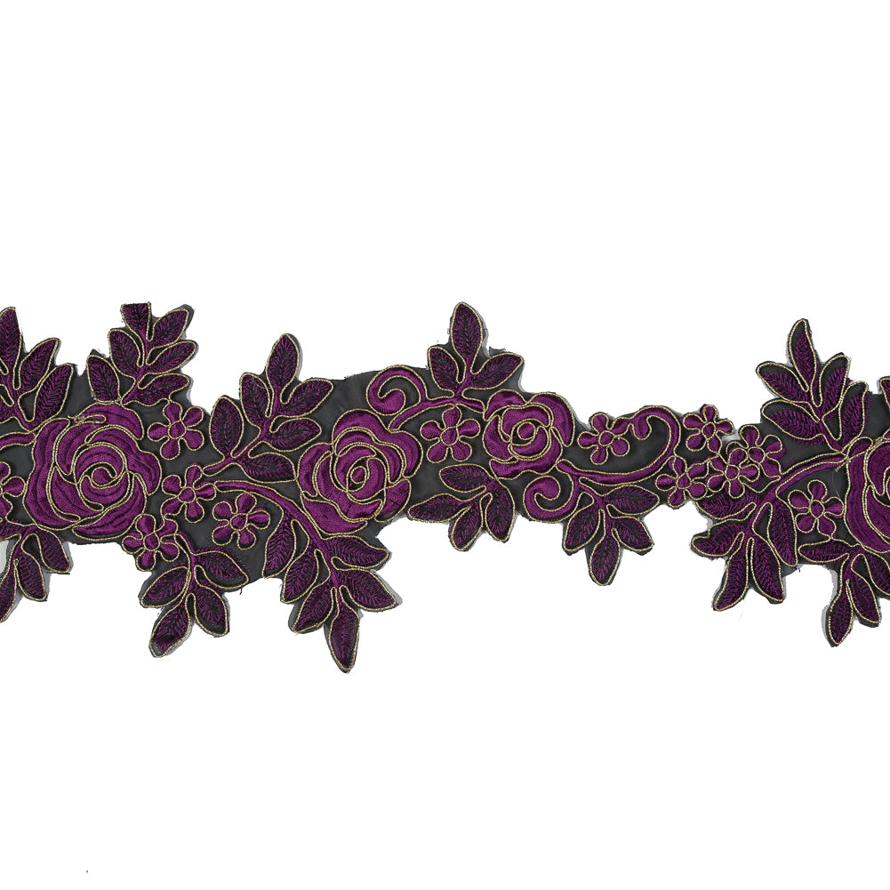 Metallic Gold and Magenta Re-Embroidered Floral Organza Trim - 6