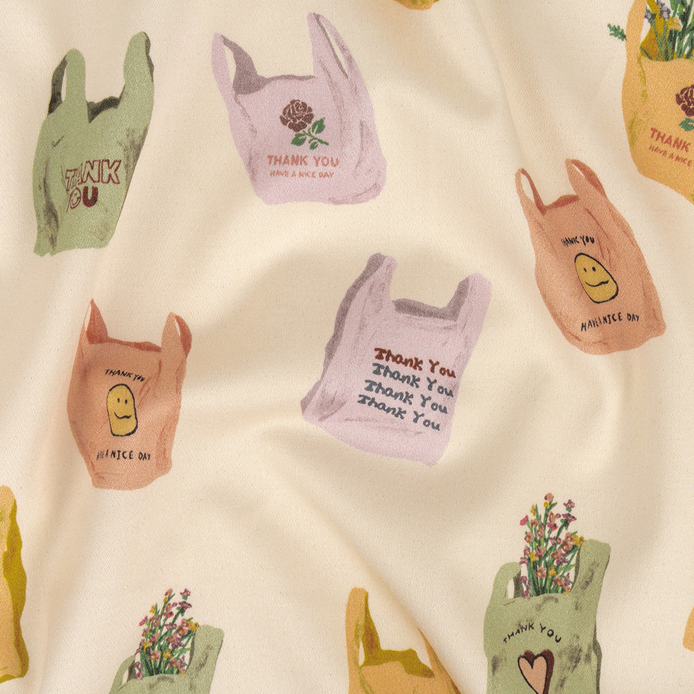 Stretch Cotton Sateen - Purple, Yellow and Green Shopping Bags - Come Again Soon Print - Mood Exclusive Wisteria Collection - Joann Fabrics