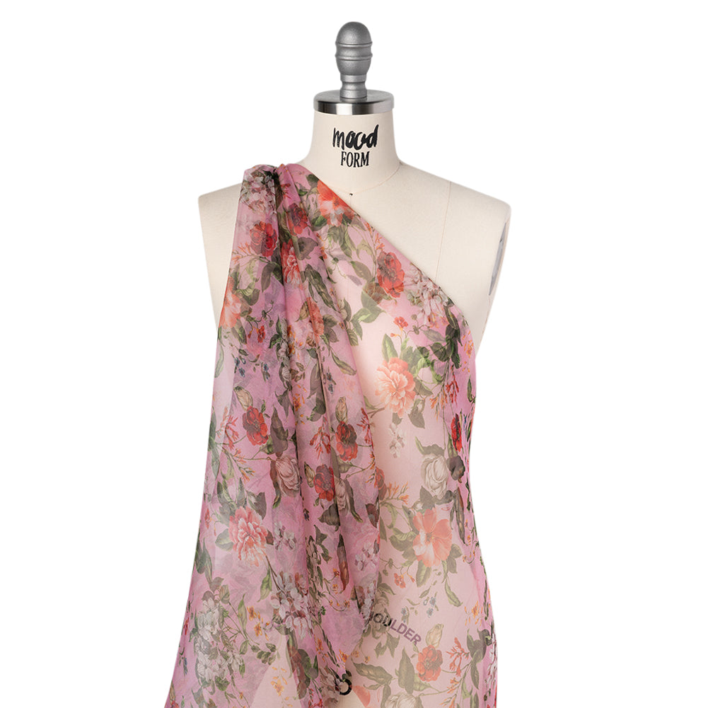 Silk Organza Print Made in Italy - Bubblegum Pink, Rose and Green Floral - Deadstock - Joann Fabrics