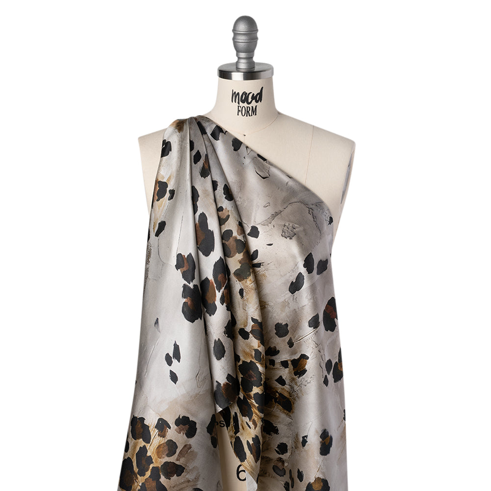 Silk Satin Print Made in Italy - Brown, Beige and Gray Painted Animal Spots - Deadstock - Joann Fabrics