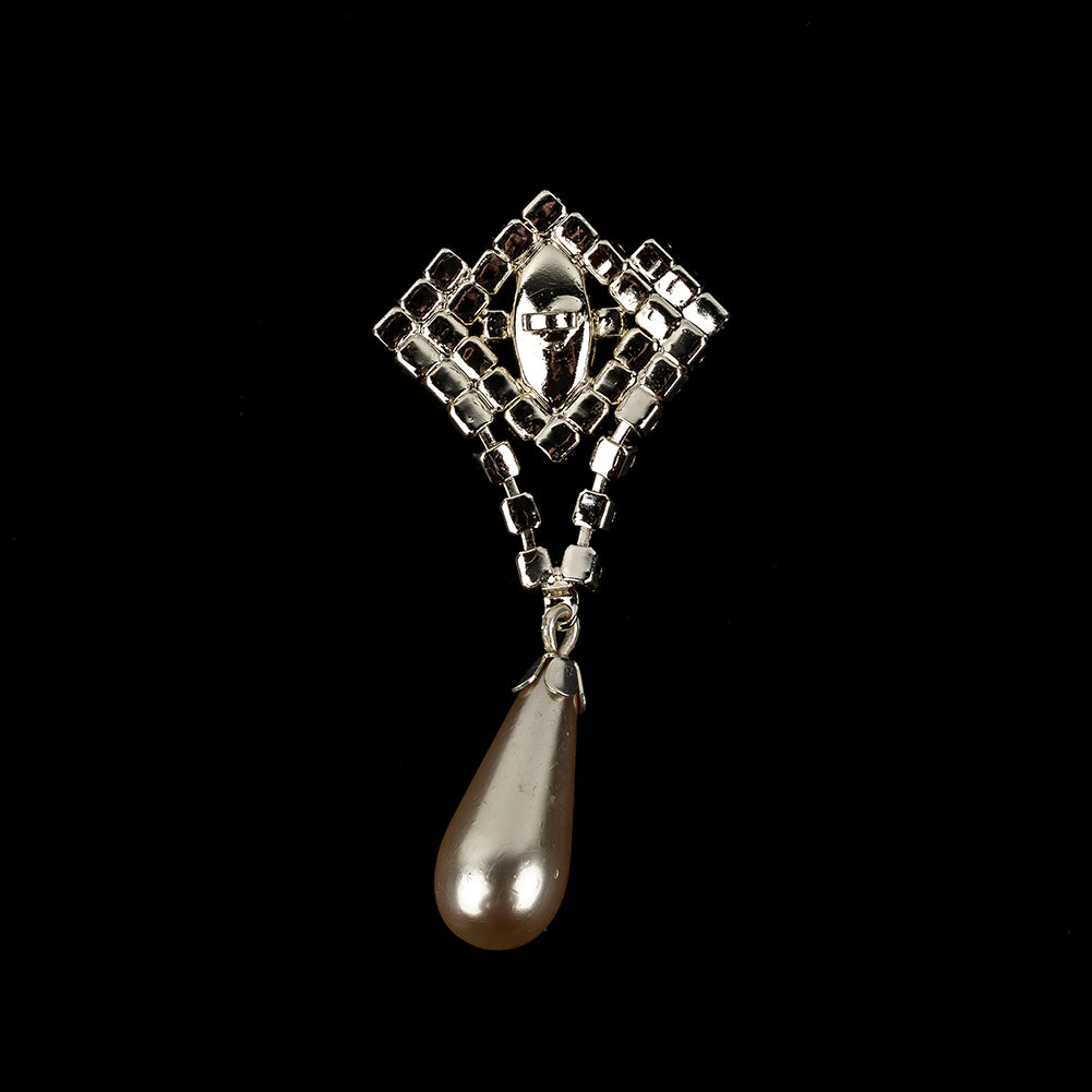 Vintage Crystal Rhinestones and Silver Metal Pearl Drop Classical Ornament with Beaded Center - 2.375