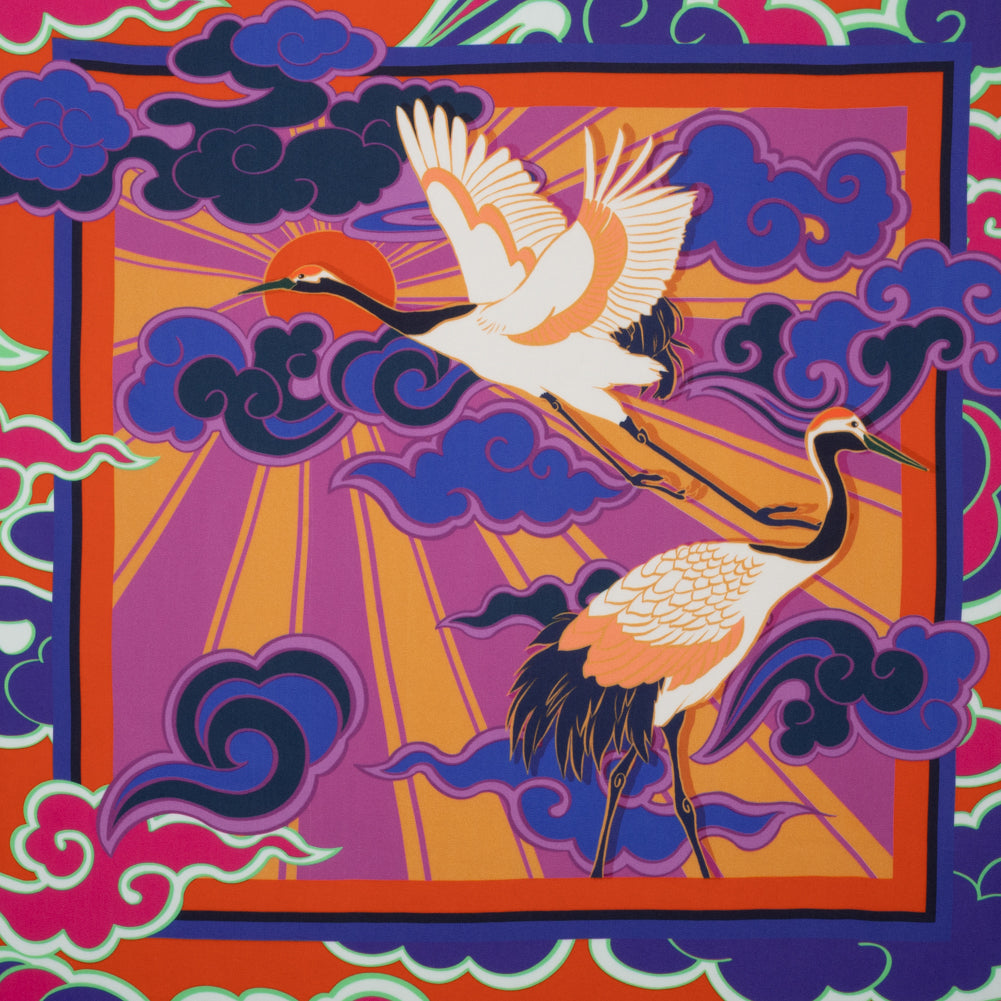 Rayon Challis Panel - Blue and Orange Cranes and Clouds - Sunrise Flight Print - Mood Exclusive Chariot Collection - Joann Fabrics
