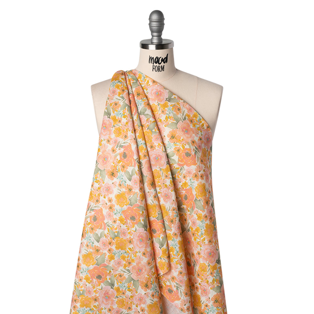 Lightweight Linen Woven Print - Peachy Pink, Yellow and Sage Green Watercolor Florals - Joann Fabrics