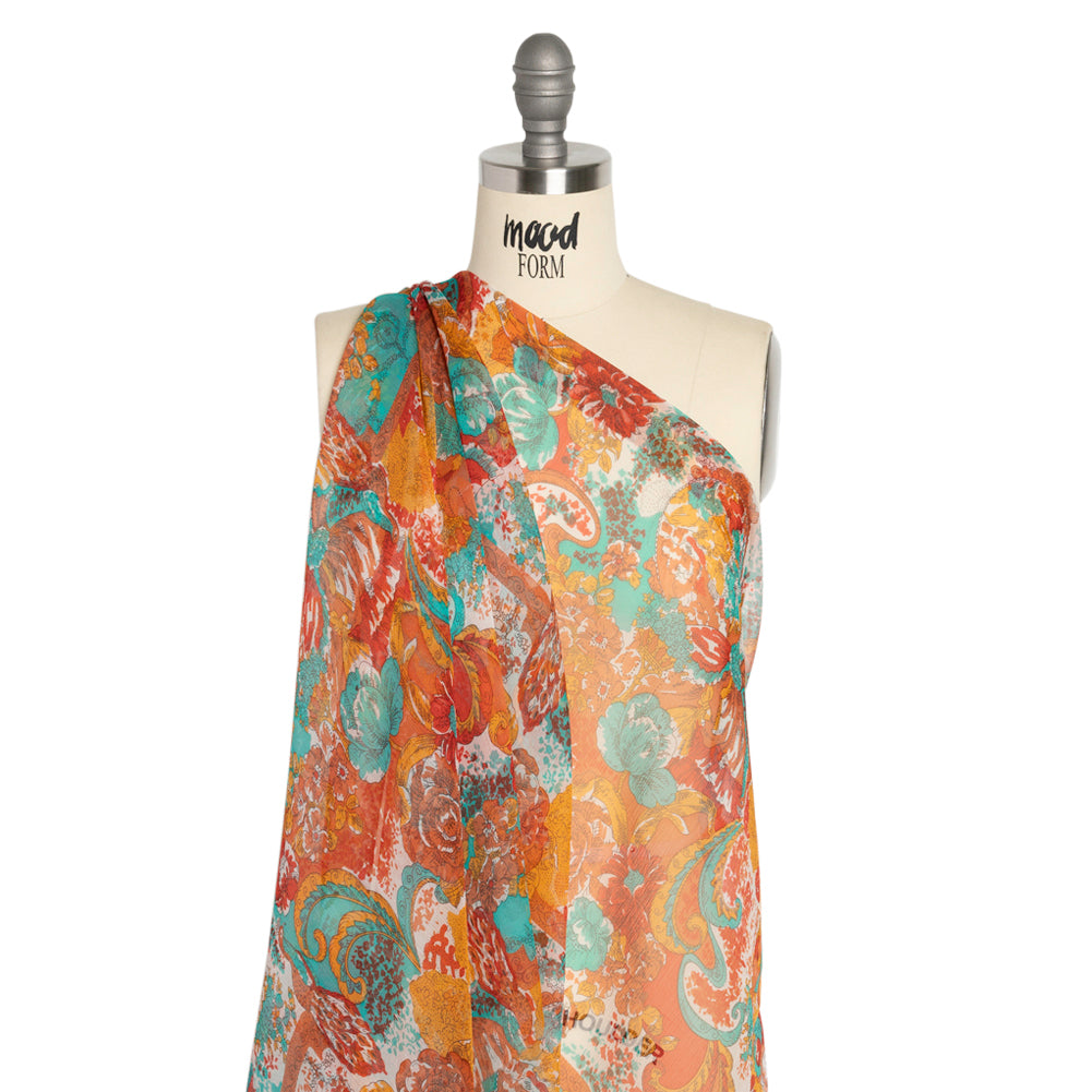 Turquoise, Peach and Orange Ornamental Gardens Crinkled Silk Chiffon - Joann Fabrics
