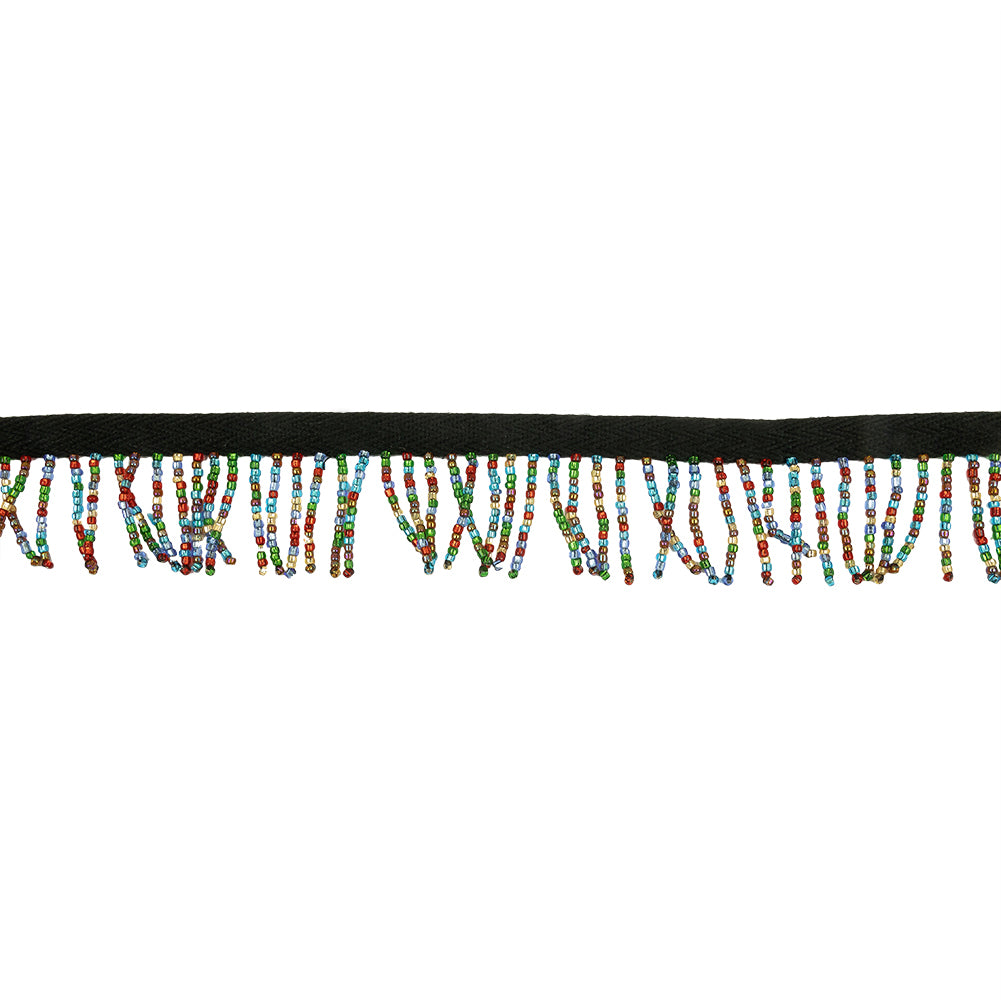 Vintage Multicolored and Black Seed Beaded Chainette Fringe - 1