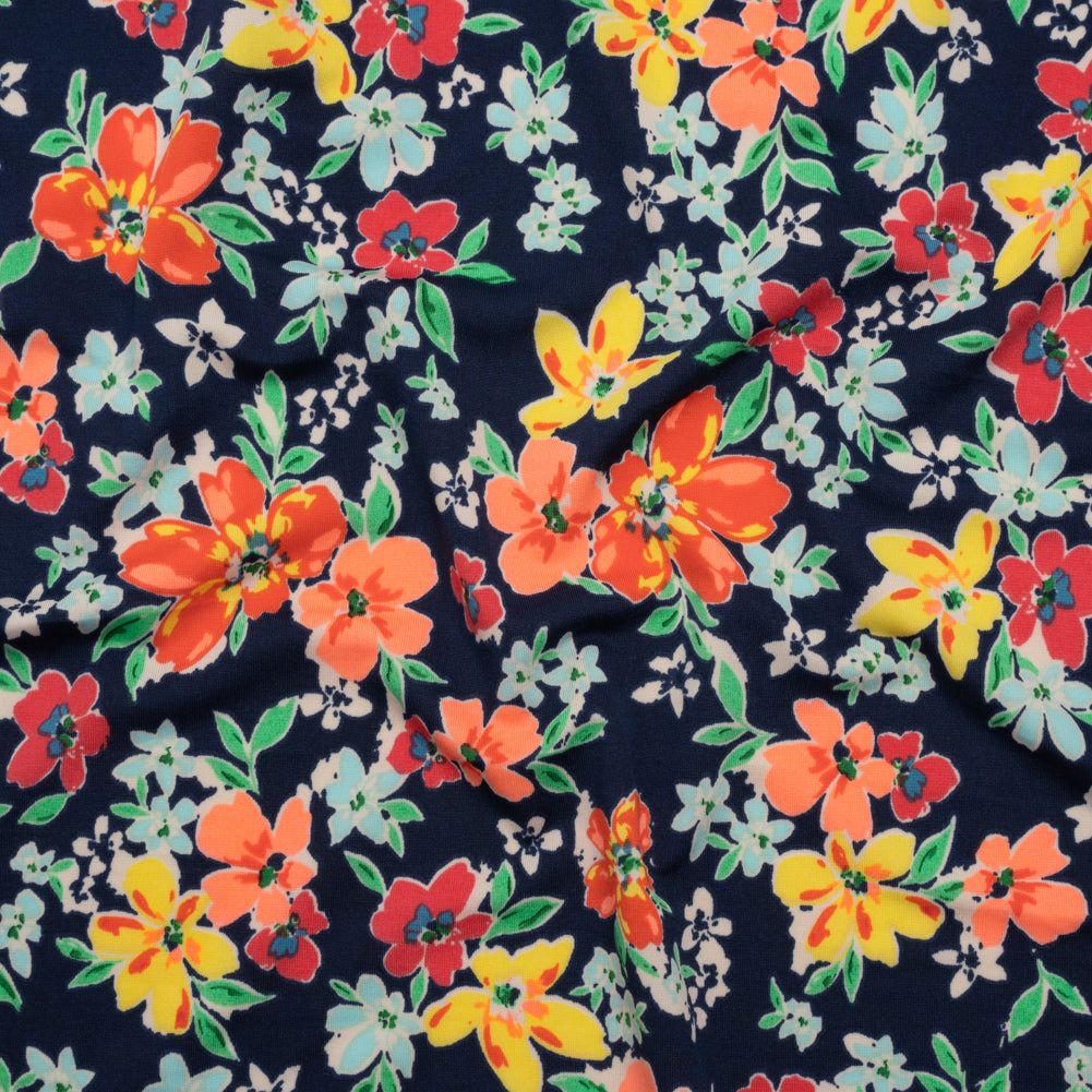 Stretch Polyester Tricot - Navy, Orange and Yellow Floral - Designer Deadstock - Joann Fabrics