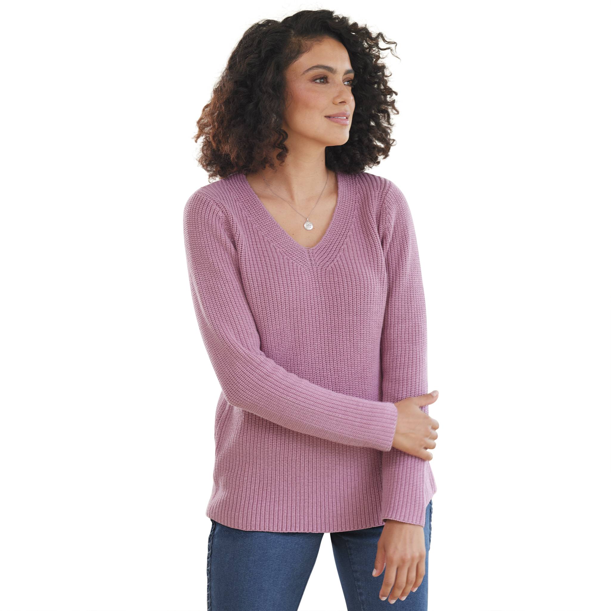 Shaker-Stitch V-Neck Sweater, Long Sleeves, 100% Cotton - Northstyle Catalog