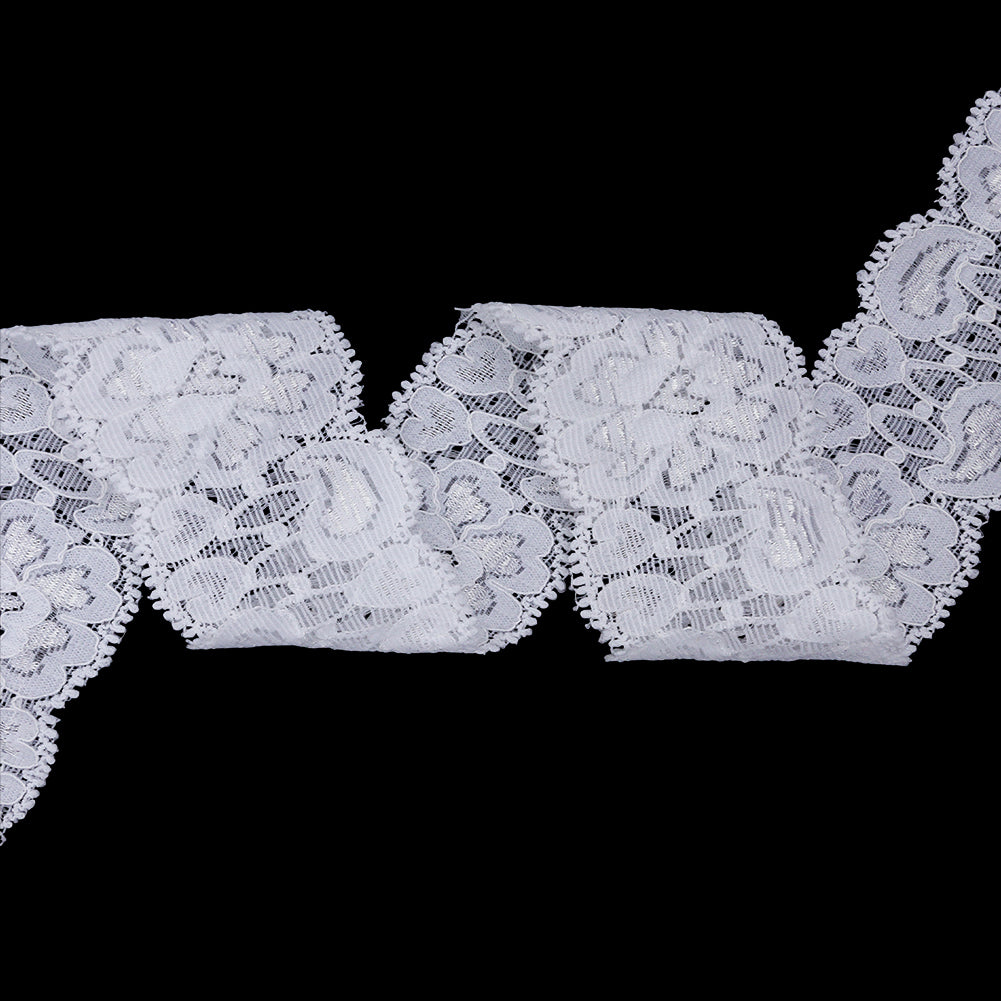 Famous NYC Designer White Floral Scalloped Stretch Corded Lace Trim - 1.625