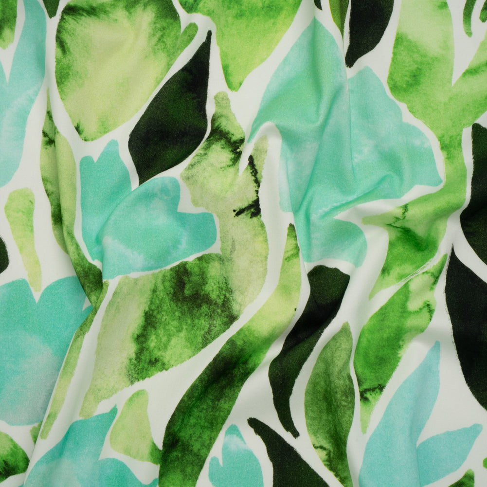 Brushed Cotton Woven - Aqua Blue, Lime and Forest Green Leaf Shapes - Mood Exclusive Watercolor Grove Print - Joann Fabrics
