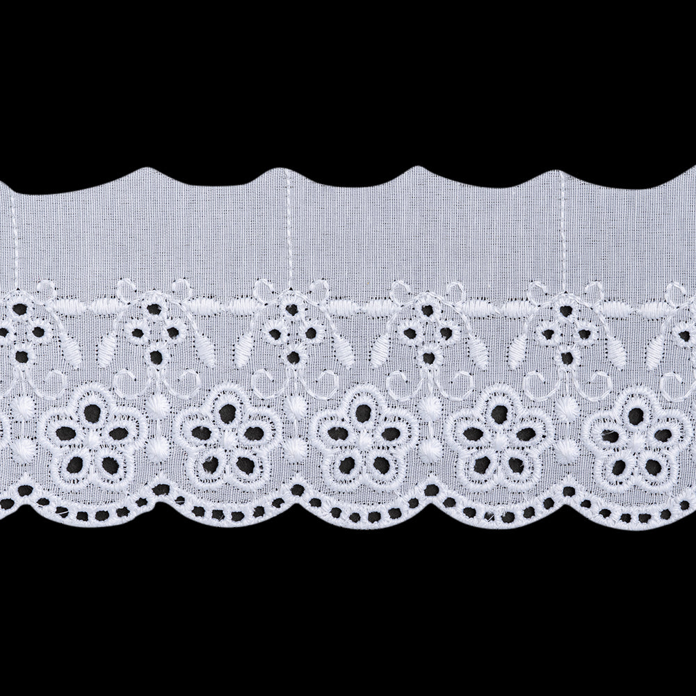 Cotton and Polyester Embroidered Eyelet Lace Trim with One Finished Scalloped Edge - 2.75