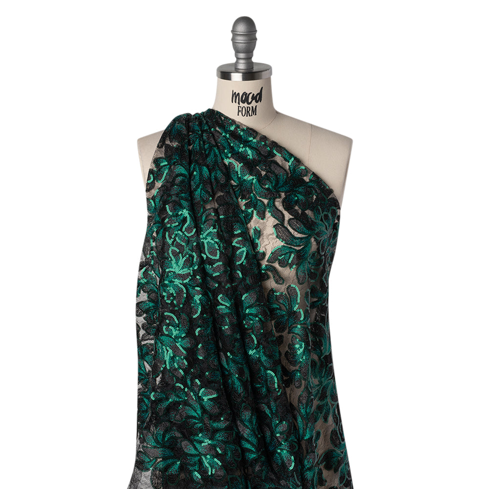 Polyester Lace with Embroidery and Sequins - Black and Green Flowers - Designer Deadstock - Joann Fabrics