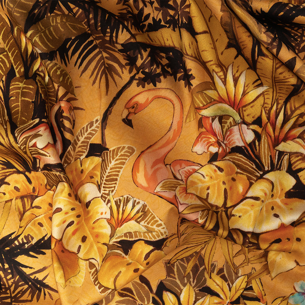 Stretch Cotton Sateen - Gold and Pink Flamingoes and Flowers - Toscana Print - Mood Exclusive Viso Collection - Joann Fabrics