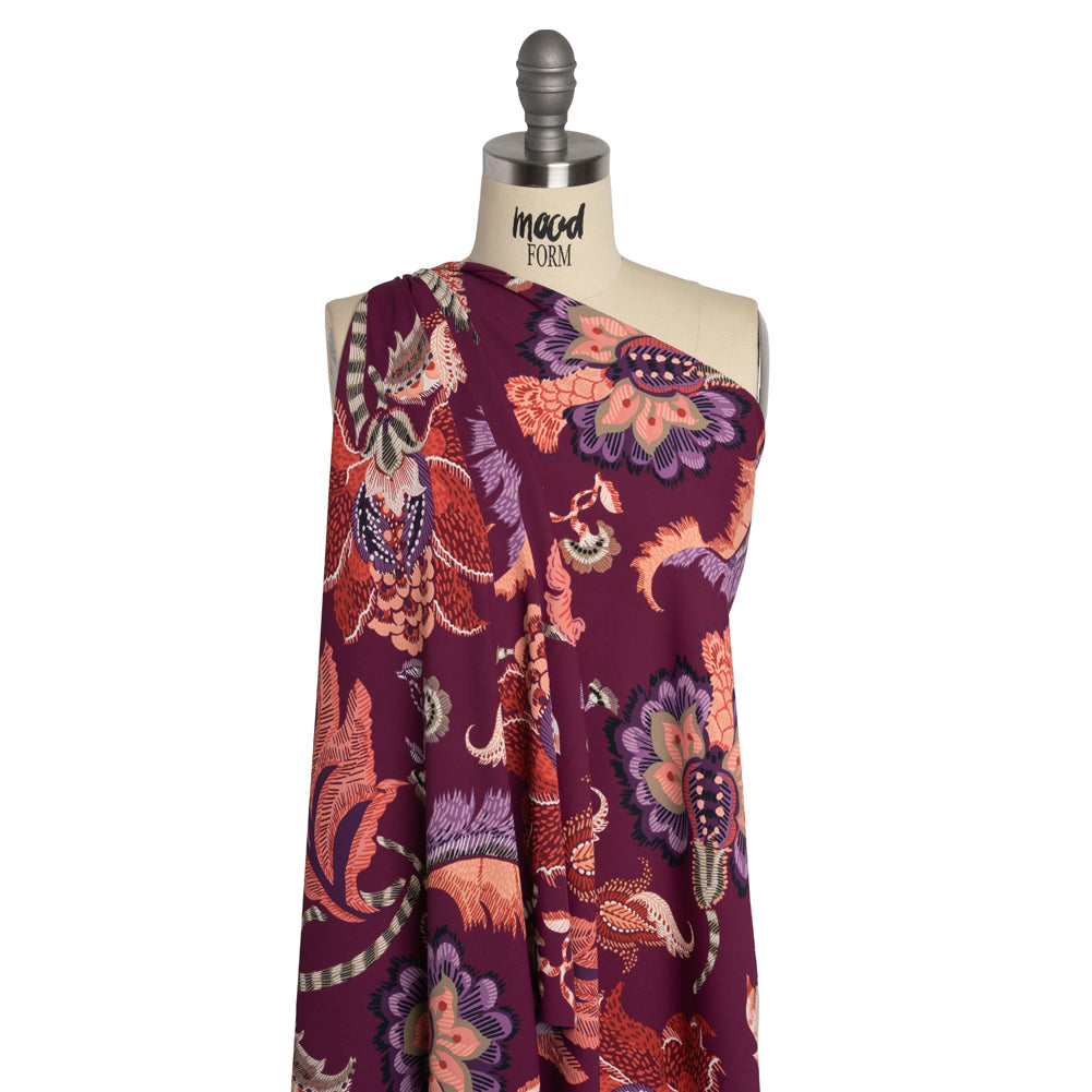 Polyester Crepe Print - Berry, Coral Pink, and Purple Jacobean Floral - Designer Deadstock - Joann Fabrics