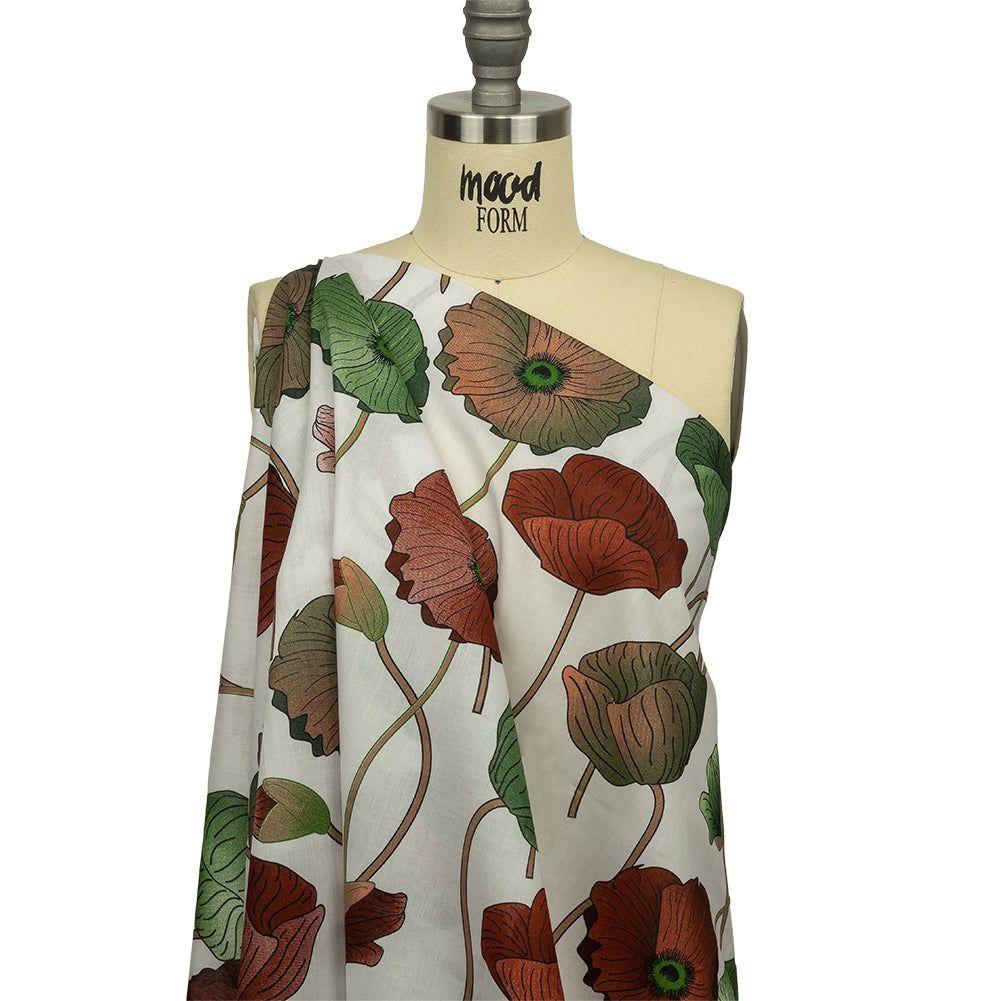 Red, Green and Brown Big Poppies Cotton Lawn - Joann Fabrics