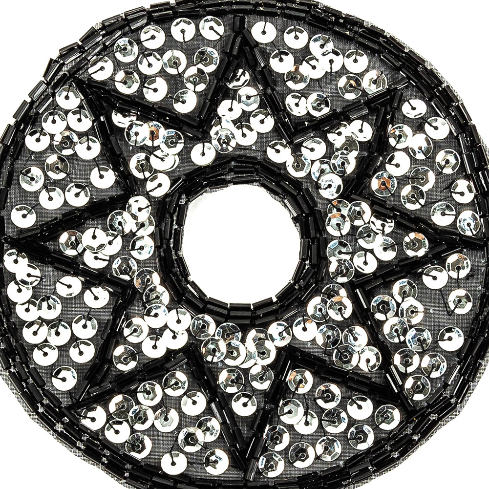 Vintage Black Bugle Beads and Silver Sequins Circular Star Applique - 4.375