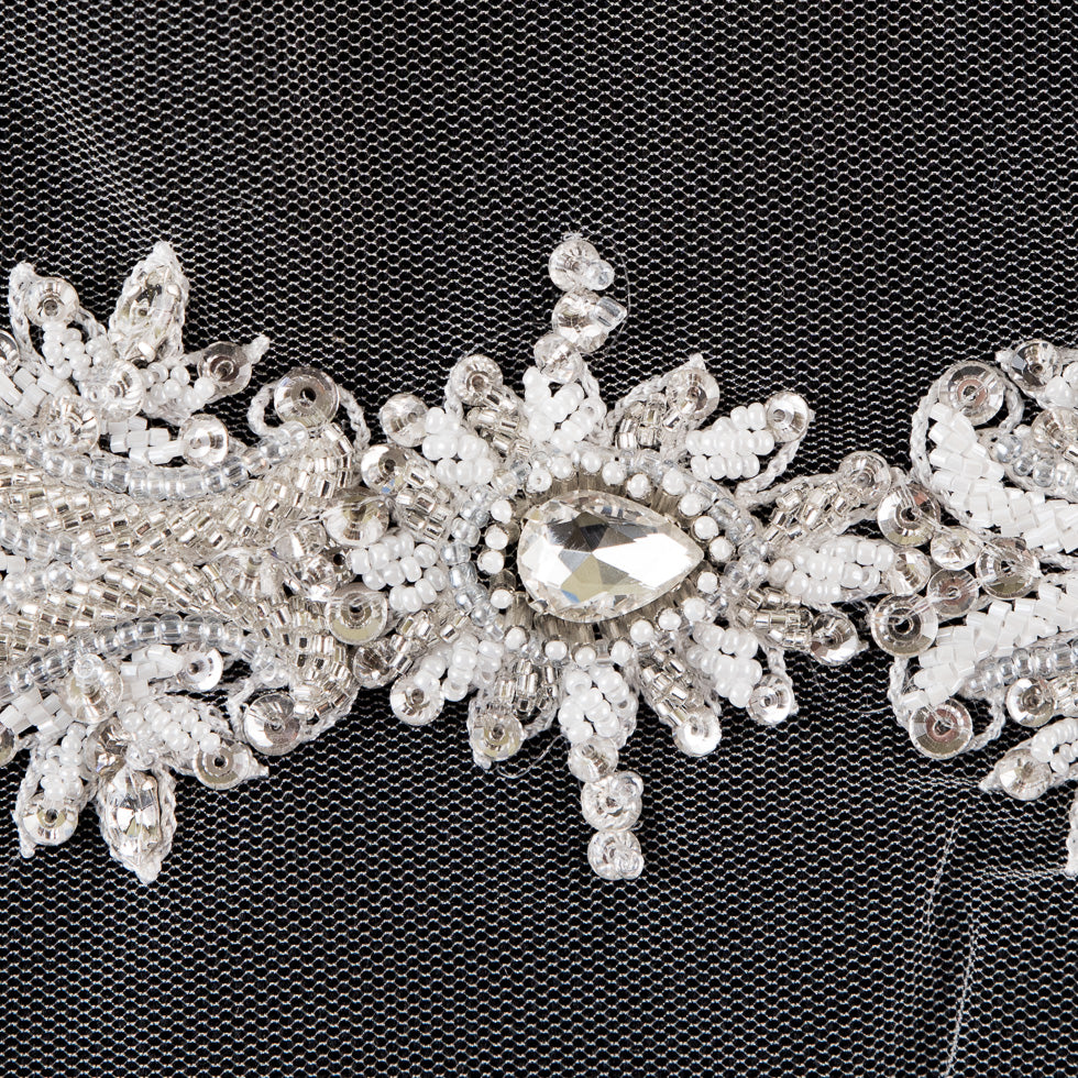 White Beaded Trim with Rhinestones - 3.5