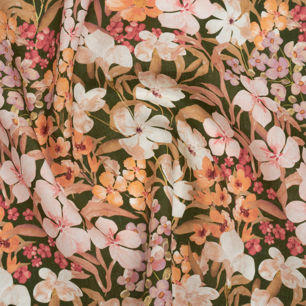 Medium Weight Linen Woven Print - Dark Sage, Pink and Creamsicle Floral - Joann Fabrics