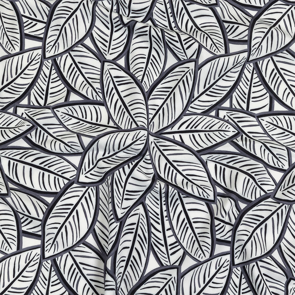White, Folkstone Gray and Black Leaves UV Protective Compression Swimwear Tricot with Aloe Vera Microcapsules - Joann Fabrics