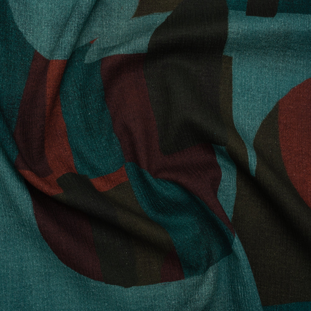 Slubbed Gauzy Cotton Woven - Teal, Burgundy and Olive Brown Geometric Abstract - Mood Exclusive Broken Symmetry Print - Joann Fabrics