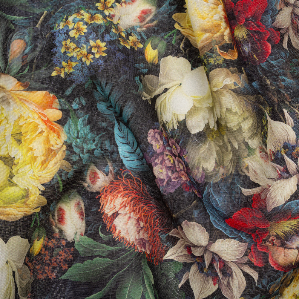 Medium Weight Linen Woven Print - Yellow, Red and Dark Green Mythical Garden - Joann Fabrics
