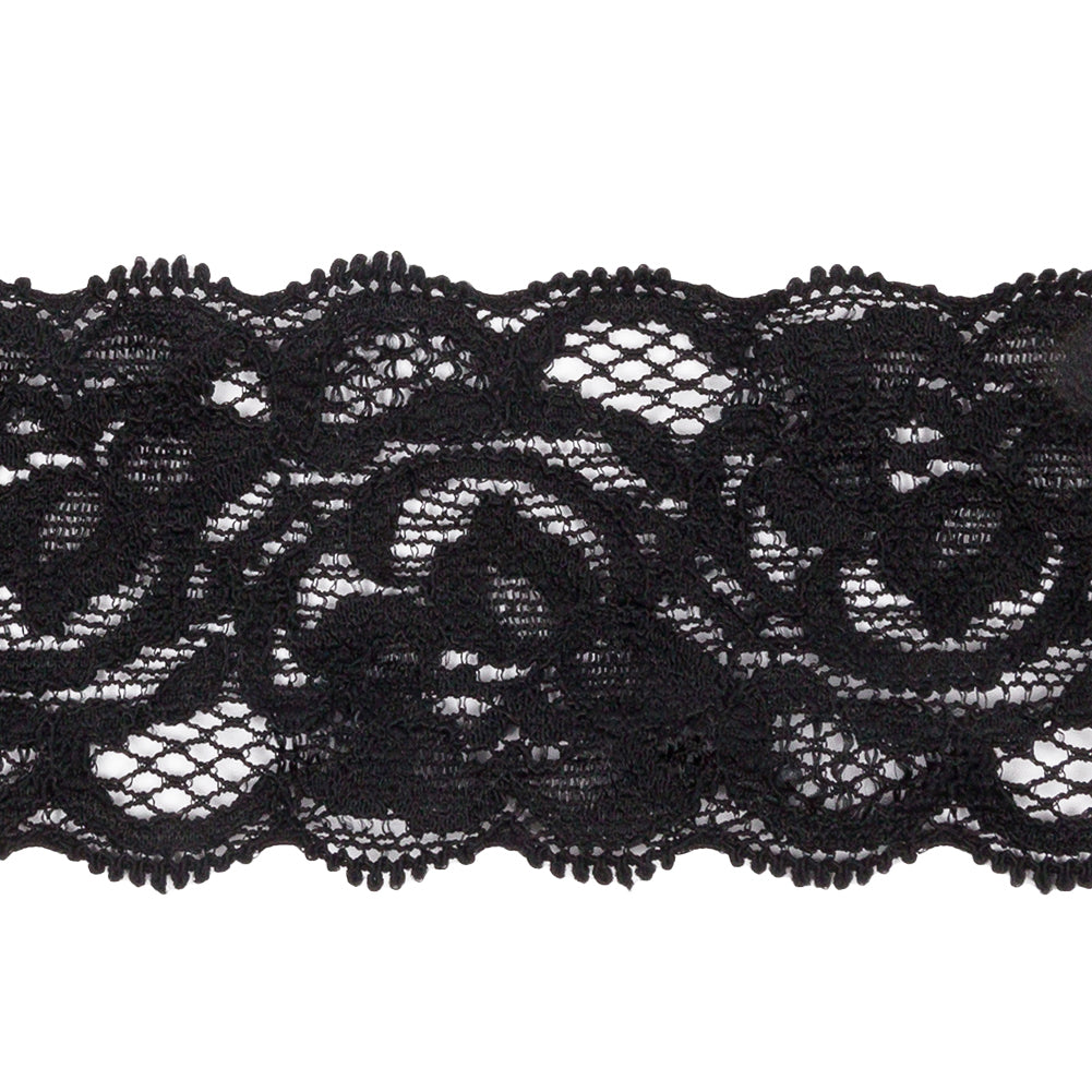 Famous NYC Designer Black Floral Stretch Lace Trim with Scalloped Edges - 1.625