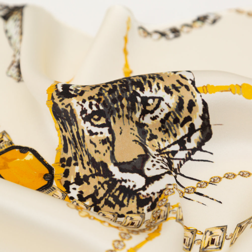 Mood Exclusive Italian Off-White and Gold Cheetahs and Gems Silk Charmeuse - Joann Fabrics