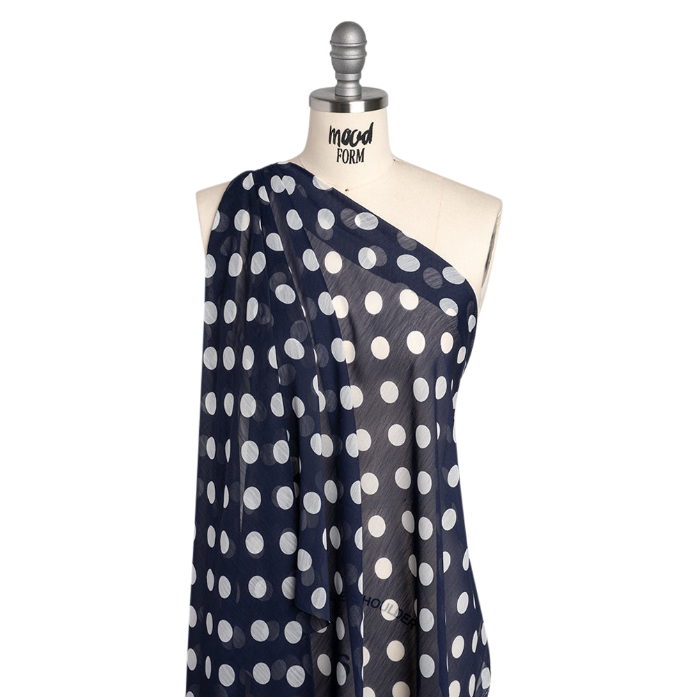 Crinkled Polyester Chiffon Print - Navy and White Polka Dots - Designer Deadstock - Joann Fabrics