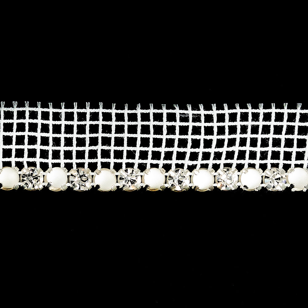 Vintage Crystal, Silver and Frosted Glass 1 Row Circular Rhinestones on White Mesh Trimming - 0.625