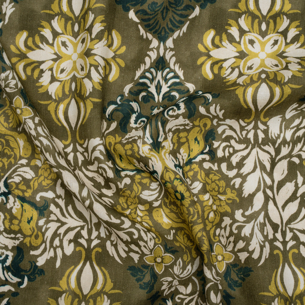 Linen and Rayon Woven - Olive, Lime Green and Cream Floral Diamonds - Mood Exclusive Fleur Filigree Print - Joann Fabrics