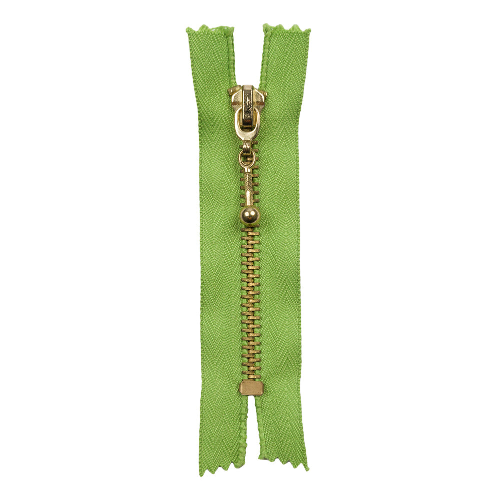 Lime and Antique Gold T5 Closed End Metal Zipper with Decorative Pull - 3.5