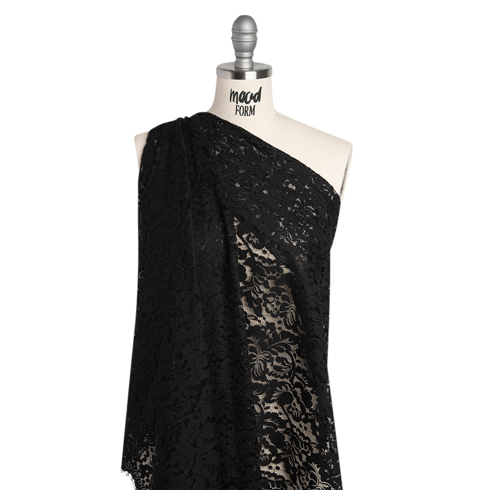 Cotton Blend Raschel Lace Panel with Finished Edges - Black Flowers and Leaves - Joann Fabrics