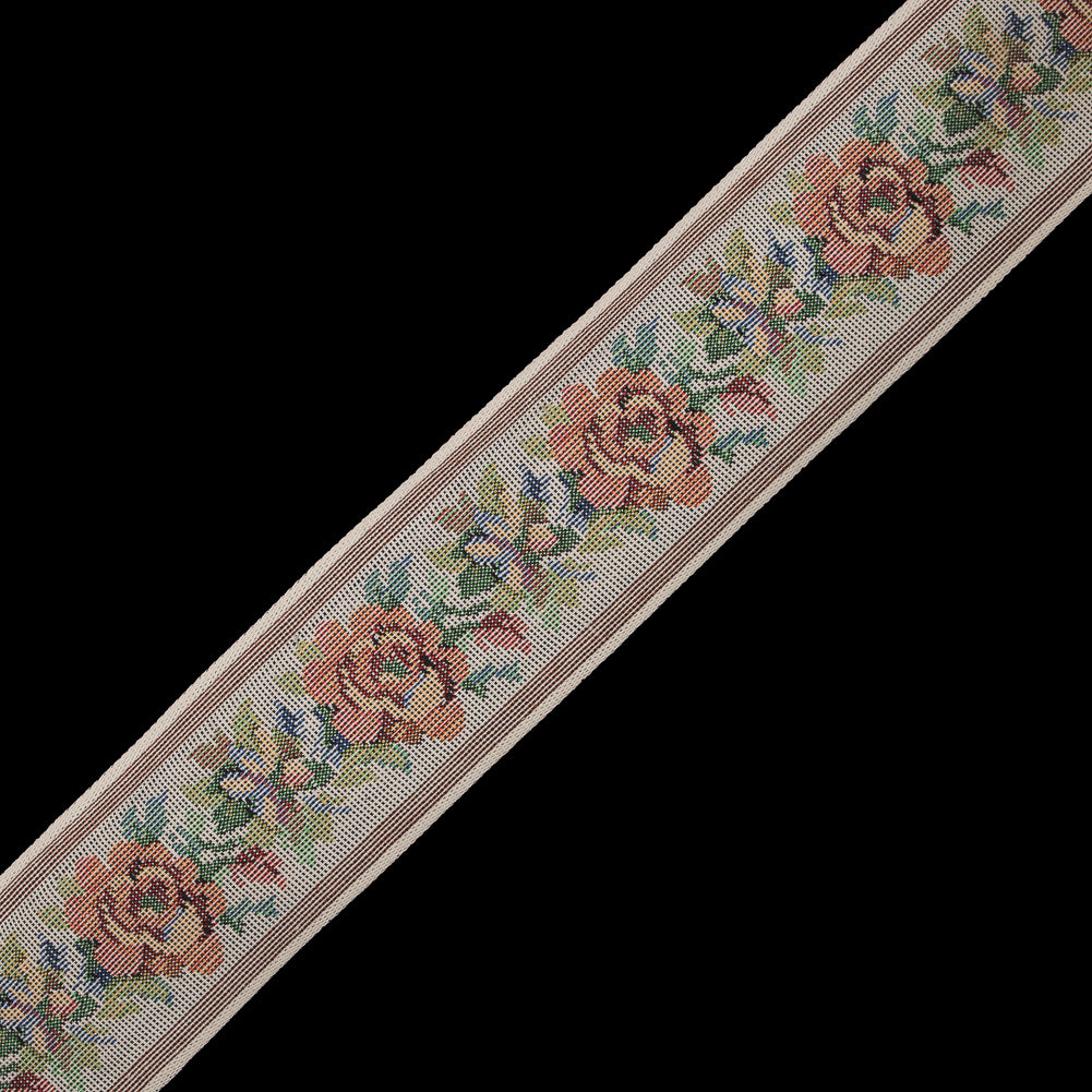 Orange and Beige Muted Floral Jacquard Ribbon - 2.25