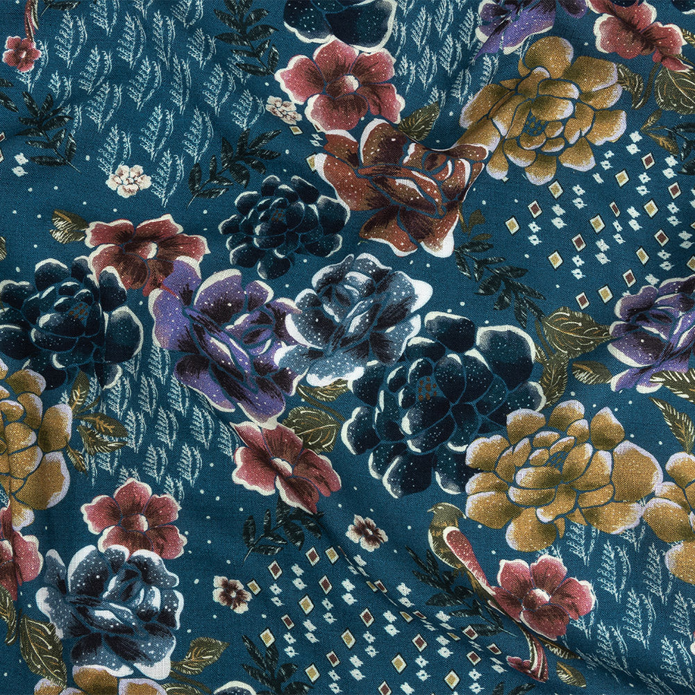 Slubbed Viscose Woven Print - Bright Navy Diamonds and Floral - Mood Exclusive Melange de Fleurs - Joann Fabrics