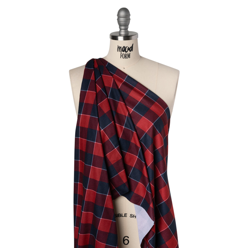 Brushed Recycled Polyester Jersey - Red and Navy Blue Twill Plaid - Deadstock - Joann Fabrics