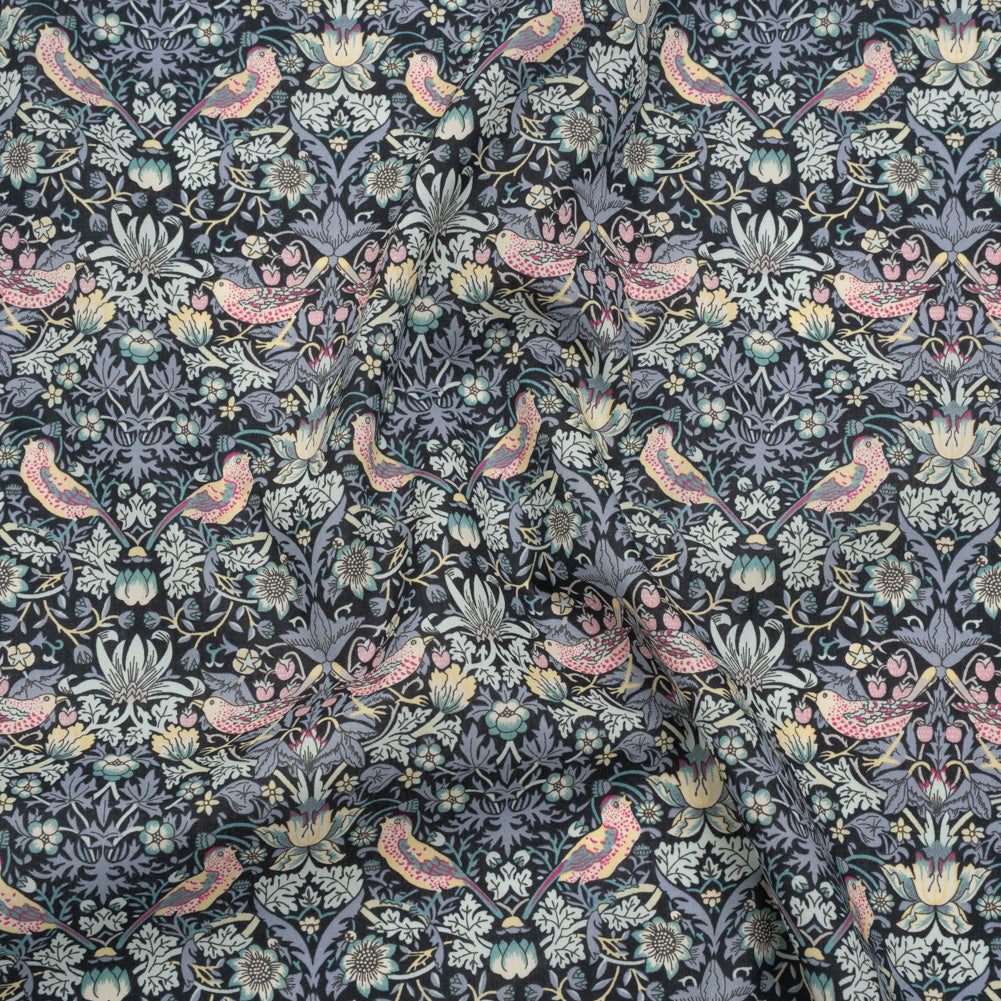 Liberty Fabrics Tana Lawn® - Strawberry Thief Gray - Charcoal, Blue and Pink Birds, Berries and Flowers - Joann Fabrics