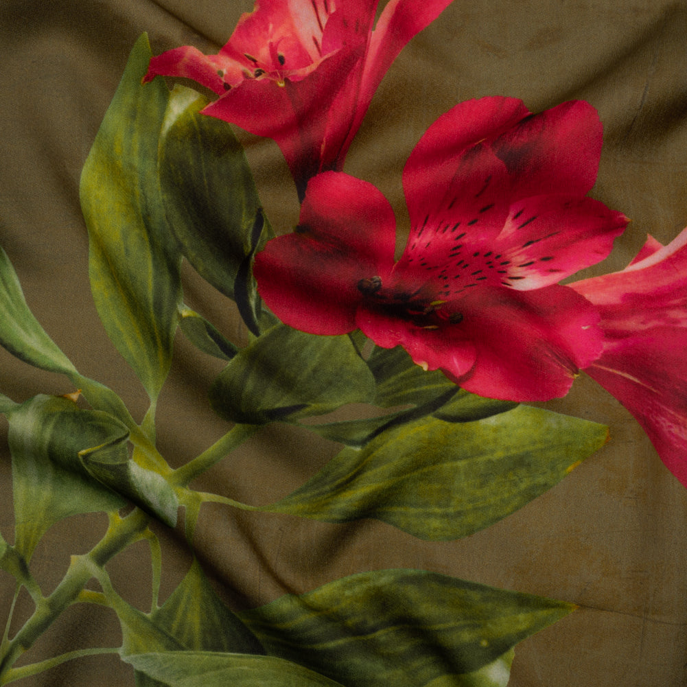 Polyester Crepe-Back Satin - Olive Green, Purple and Red Floral - Mood Exclusive Up Close and Blooming Print - Joann Fabrics