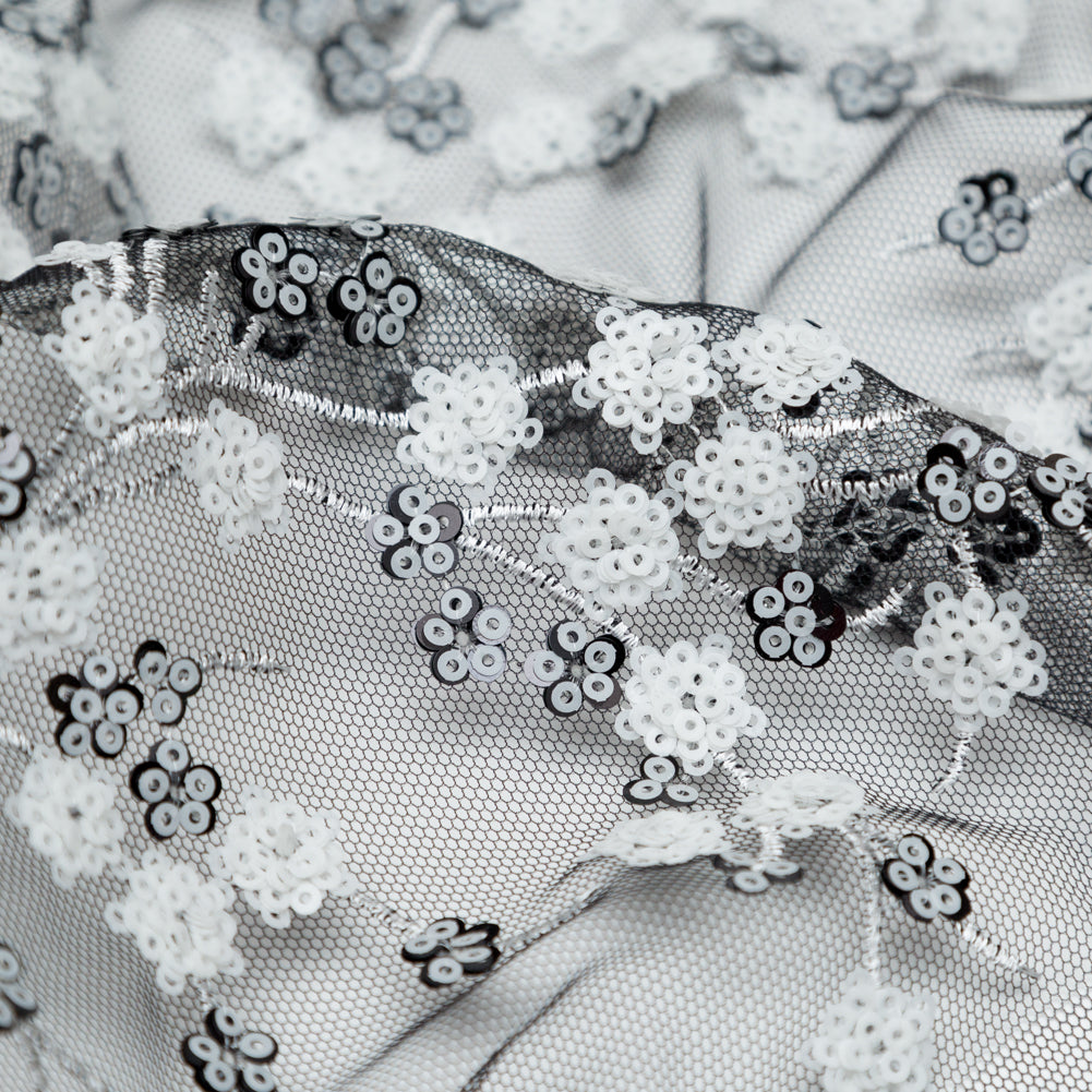Stretch Net with Sequins - White Fancy Floral Clusters on Black - Joann Fabrics