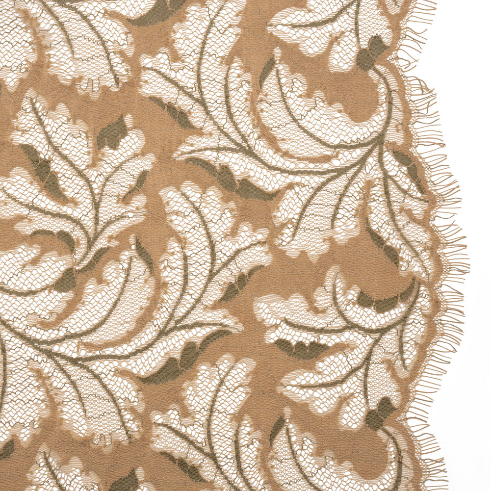 Nylon and Rayon Raschel Lace Panel with Finished Edges - Stucco Beige and Olive Green Floating Leaves - Joann Fabrics