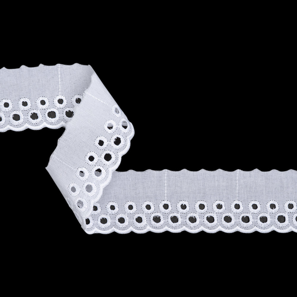 Cotton and Polyester Embroidered Eyelet Lace Trim with One Finished Scalloped Edge - 1.75