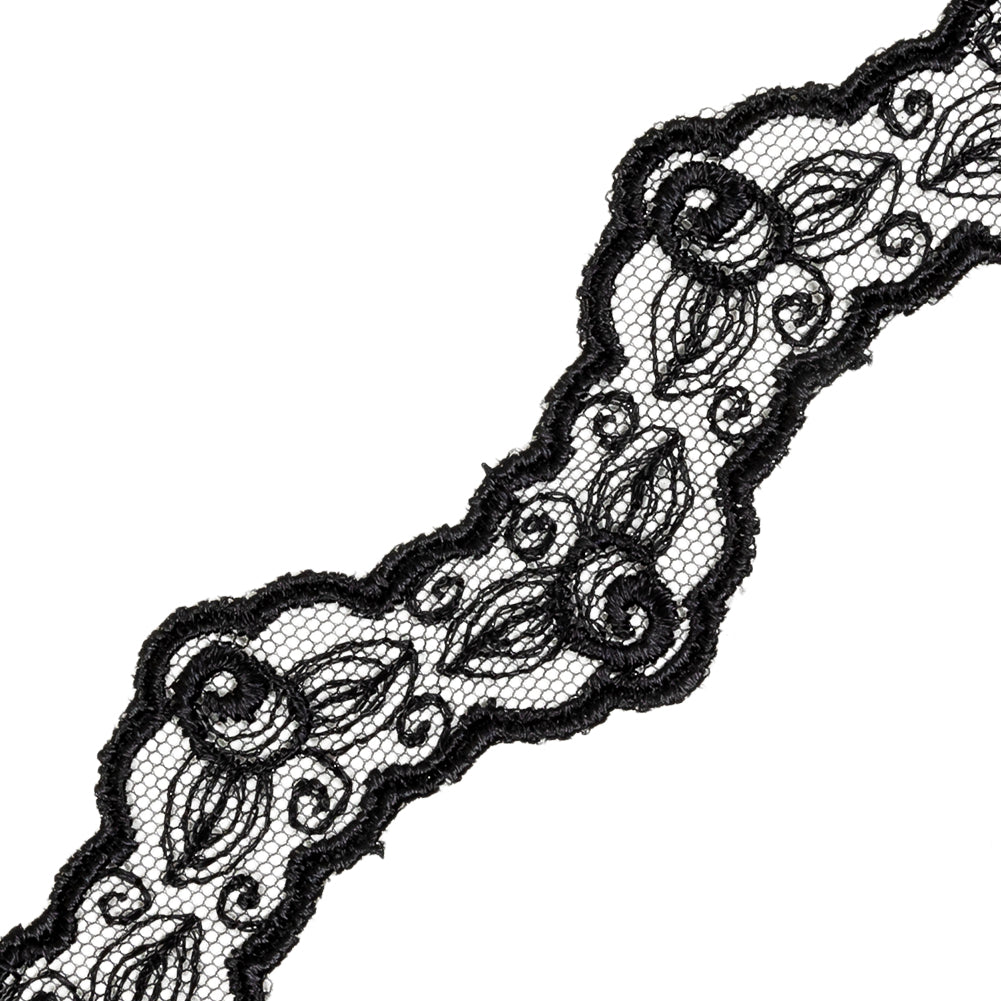 Black Roses Zig Zag Scalloped Embroidered Lace Trim - 1.5