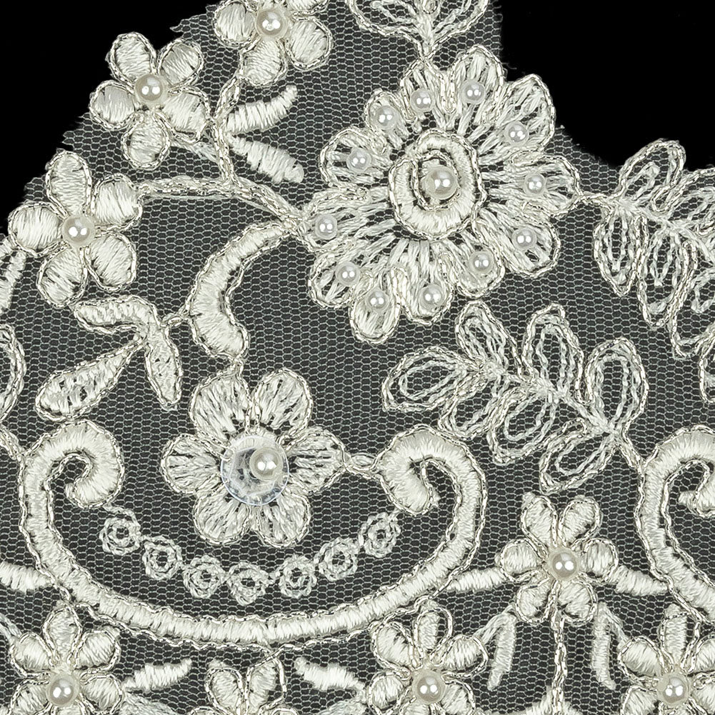Off White and Metallic Silver Floral and Scalloped Bridal Lace Trim with Faux Pearl Beads - 5.5