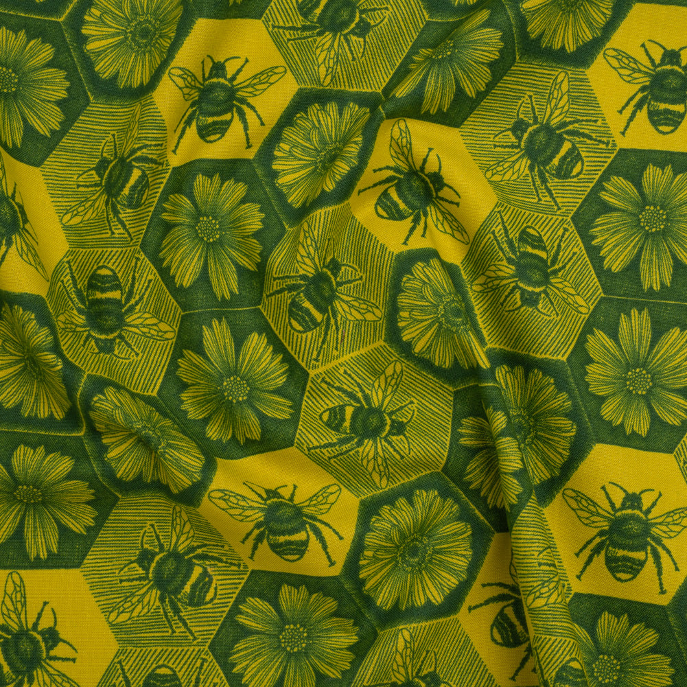Printed Quilting Cotton by Anna Maria Textiles for Northcott - Citrus Busy Bees and Floral Honeycomb - Indelible Ink Collection - Joann Fabrics