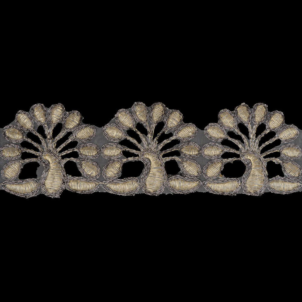 Yaya Han Metallic Embroidered Trim - Gold Peacocks, 2.5