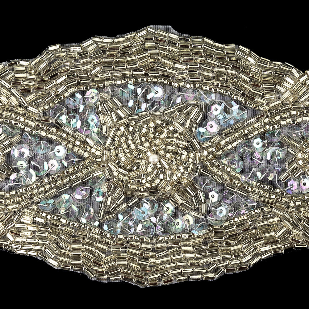 Vintage Fancy White Iris Sequins and Silver-lined Bugle Beaded Applique - 3
