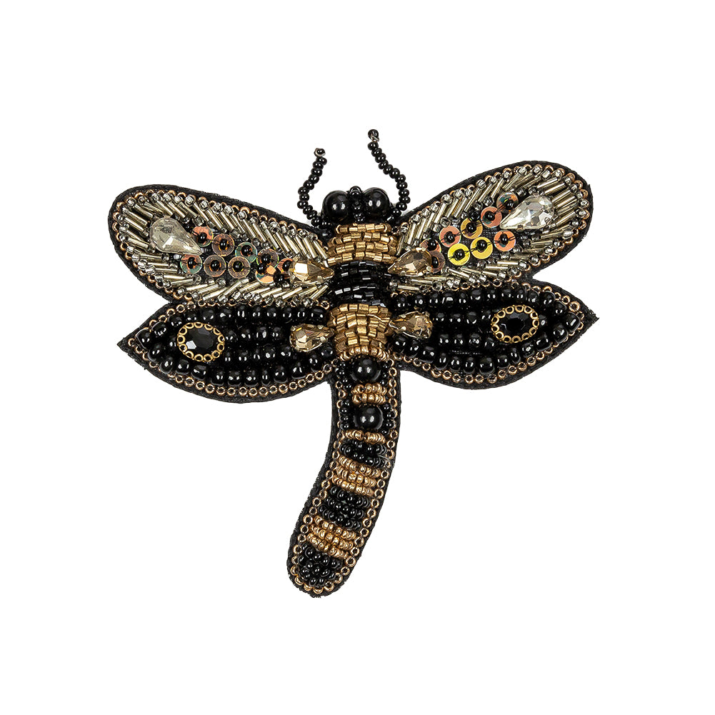 Black and Gold Dragonfly Rhinestone and Glass Beaded Applique - 3.375
