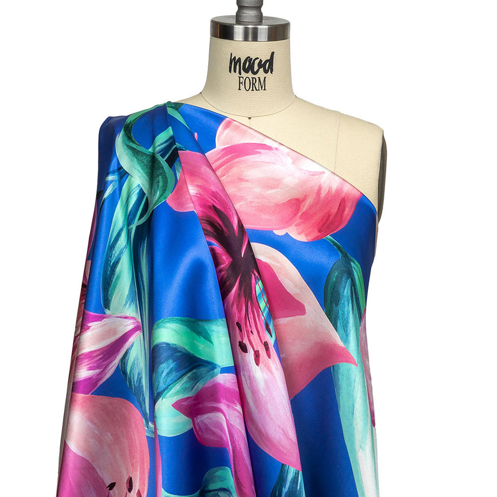 Mood Exclusive Italian Pink, Cascade and Blue Lilies Silk Charmeuse - Joann Fabrics