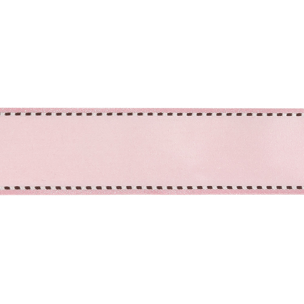 Pink Marshmallow Woven Ribbon with Brown and White Stitched Border - 1